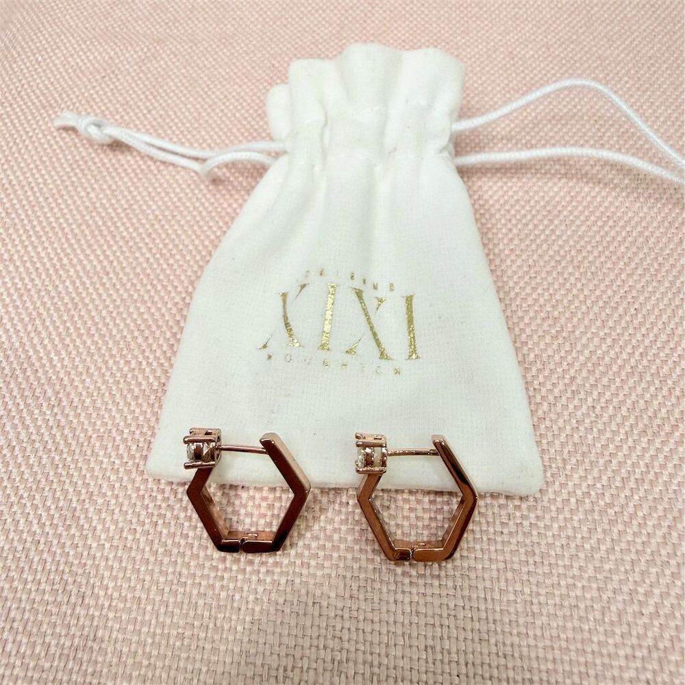 Fashion Rose Gold Hexagonal Hoop Earrings CZ Crystal Secure Lock Back gift